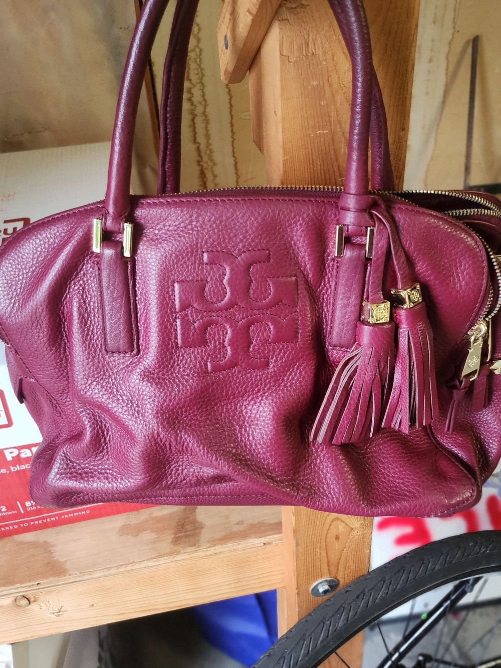 Tory Burch Pebbled Leather Satchel in Plum with Tassels